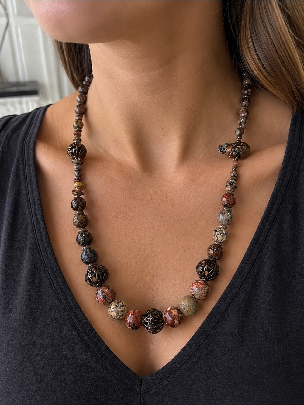 Leopard Skin Jasper Fetish Bear Necklace - Picture 3 of 3